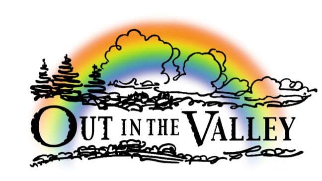 Out in the valley brand logo, a rainbow over an outdoor scene with out in the valley in black text.